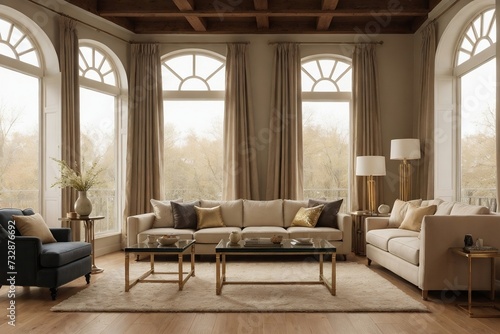 Luxurious cozy living room interior design with chic soft beige furniture   golden table  wooden floor  and huge window.