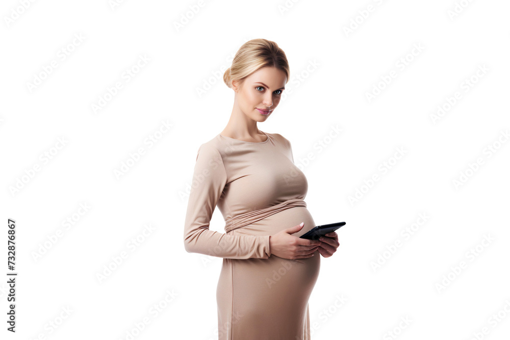 Portrait of a pregnant woman holding a tablet, transparent, isolated on white background Portrait of a pregnant woman holding a tablet, transparent, isolated on white background