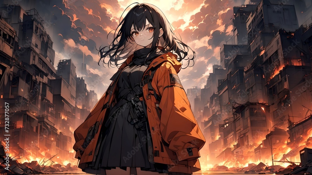 Anime girl against the backdrop of the apocalypse, background, anime wallpaper, wallpaper for pc