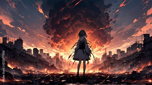 Anime girl against the backdrop of the apocalypse, background, anime background, wallpaper