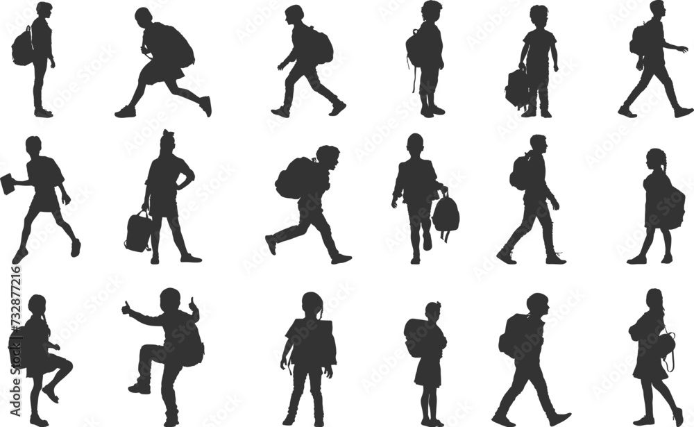 Group of children carrying school bags going to school silhouette, Children with schoolbag black silhouettes, Child carrying school bag silhouettes, Back to school kid carrying bay silhouette. Group of children carrying school bags going to school silhouette, Children with schoolbag black silhouettes, Child carrying school bag silhouettes, Back to school kid carrying bay silhouette.
