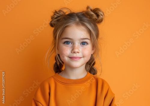 little caucasian girl with colorful sweatshirt in professional colorful photo studio background