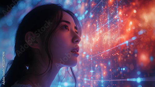 Asian woman in Technology and AI Revolutionizing Digital Innovation Worldwide. Female Engineer Navigating the artificial intelligence Landscape of Explore the Future, Tomorrow, and Futuristic Concept.