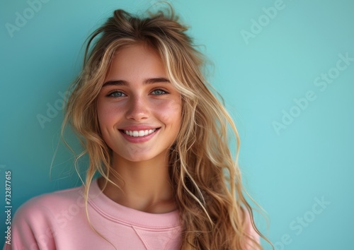 caucasian girl with colorful sweatshirt in professional colorful photo studio background © jiawei