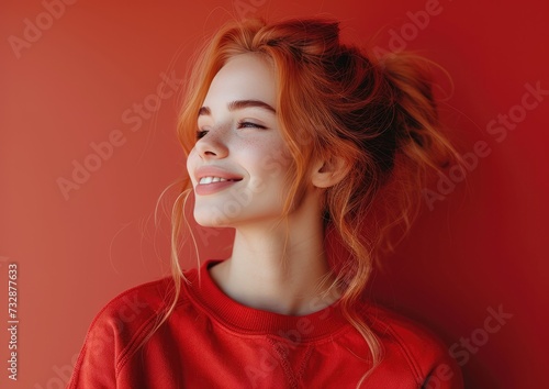 caucasian girl with colorful sweatshirt in professional colorful photo studio background