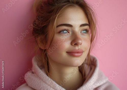caucasian girl with colorful sweatshirt in professional colorful photo studio background