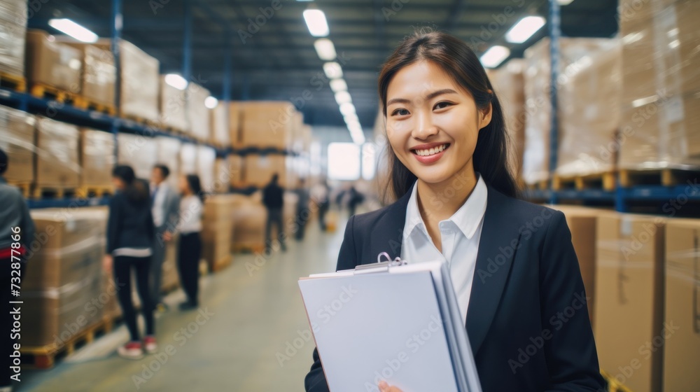 Portrait of a happy and confident Asian female warehouse manager with a clipboard standing in a distribution warehouse with his management expertise in logistics and supply chain. Portrait of a happy and confident Asian female warehouse manager with a clipboard standing in a distribution warehouse with his management expertise in logistics and supply chain.