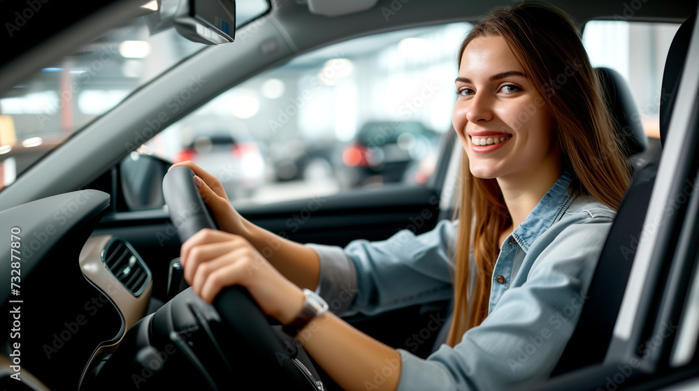 A happy woman inspects a car at a car dealership before purchasing.