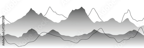 Black and white mountain landscape, minimalism, seamless border, panoramic view