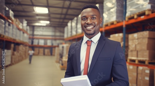 Portrait of a happy confident male warehouse manager with a clipboard standing in a distribution warehouse with his management expertise in logistic and supply chain.