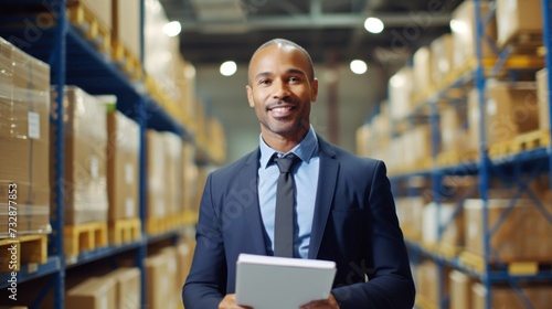 Portrait of a happy confident male warehouse manager with a clipboard standing in a distribution warehouse with his management expertise in logistic and supply chain.