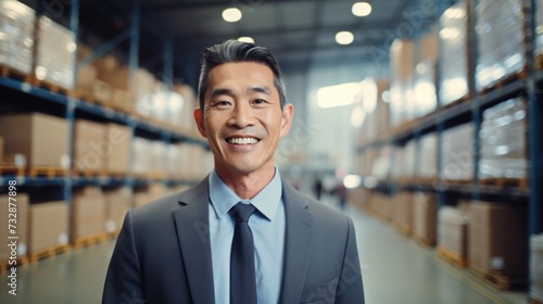 Portrait of a happy confident male warehouse manager standing in a distribution warehouse with his management expertise in logistics and supply chain
