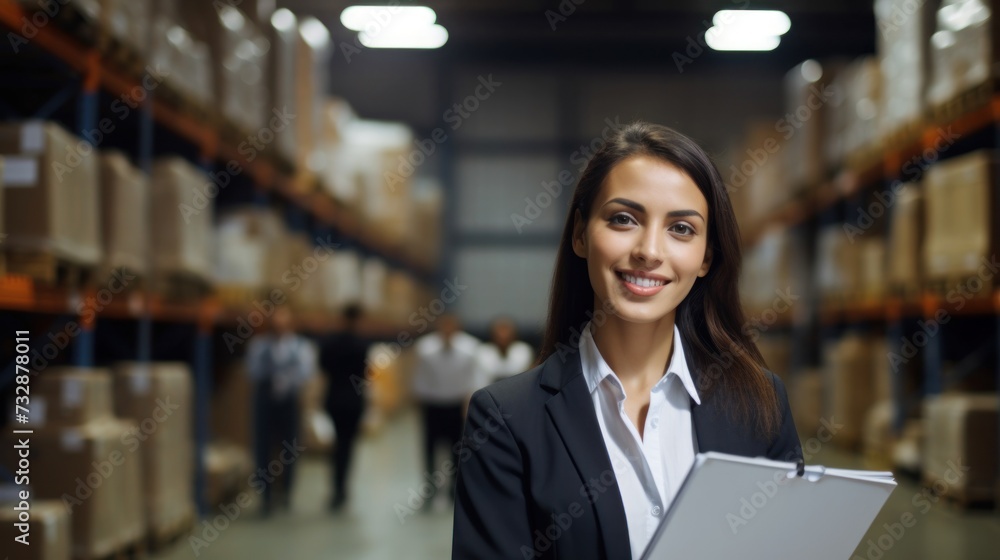 Portrait of a happy and confident female warehouse manager with a clipboard standing in a distribution warehouse with his management expertise in logistics and supply chain.