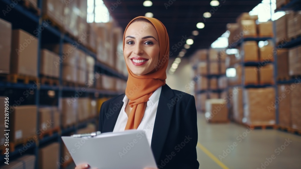 Portrait of a happy and confident Muslim female warehouse manager with a clipboard standing in a distribution warehouse with his management expertise in logistics and supply chain.