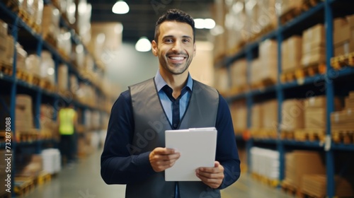 Portrait of a happy confident male warehouse manager with a clipboard standing in a distribution warehouse with his management expertise in logistic and supply chain.