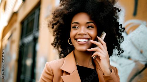 African American young woman talking on cell phone.