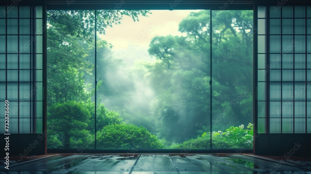 view form window,minimalist wallpeper of zen gerden japan,copy space. view form window,minimalist wallpeper of zen gerden japan,copy space.
