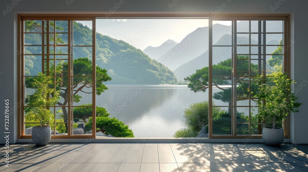 view form window,minimalist wallpeper of zen gerden japan,copy space.  - obrazy, fototapety, plakaty 