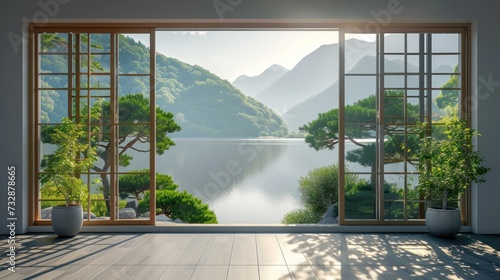 view form window,minimalist wallpeper of zen gerden japan,copy space.  photo