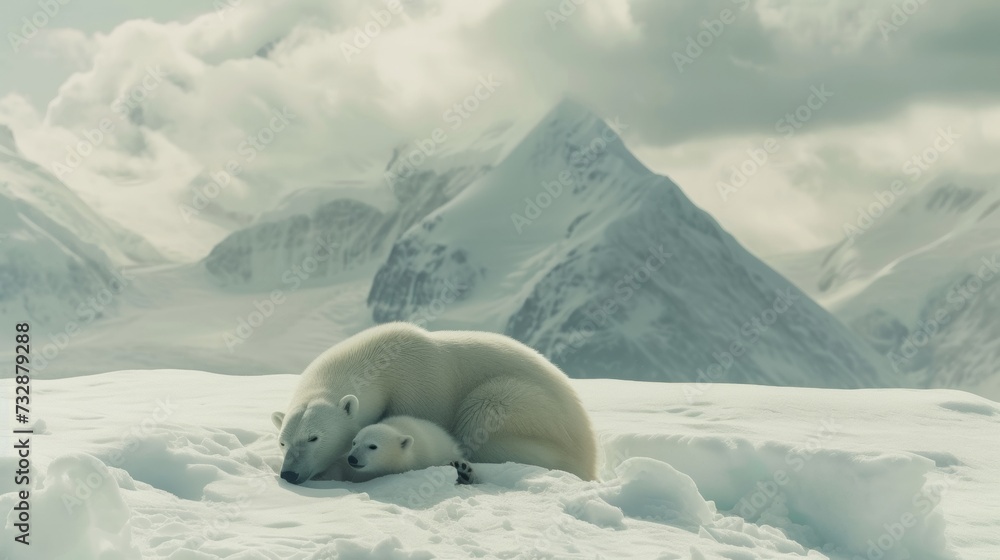 Affectionate Polar Bear Family Cuddling in Snowy Landscape AI Generated.