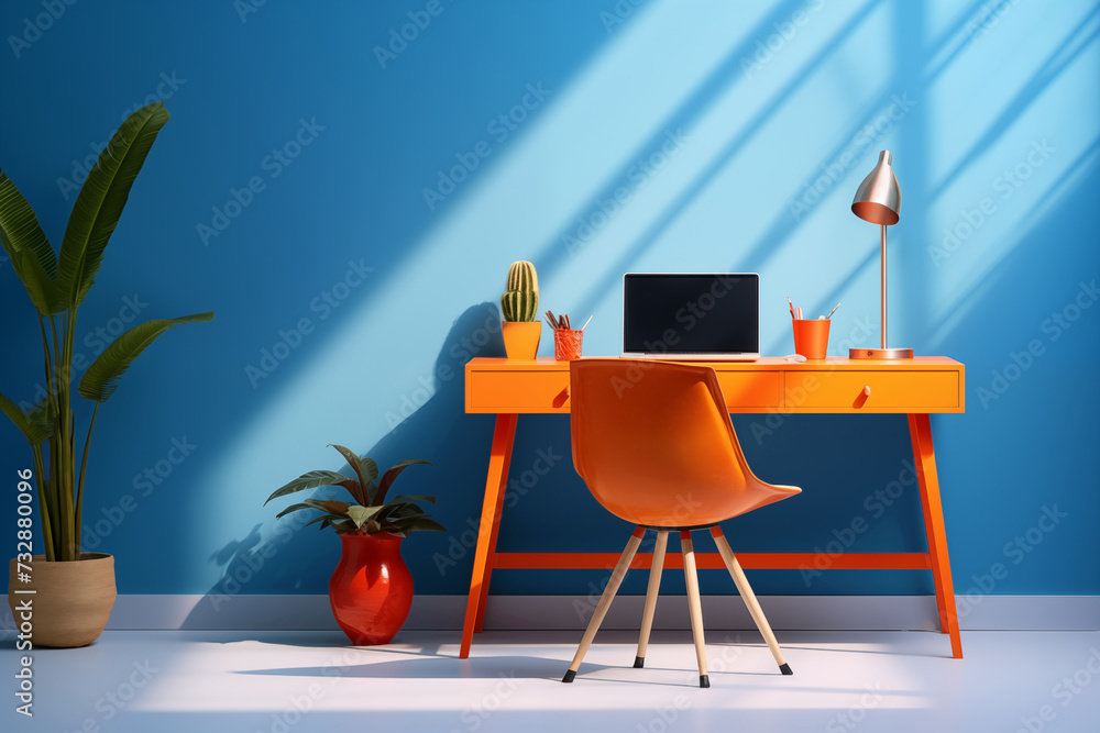 office interior with table, blue wall, orange chair and desk, lamp ...