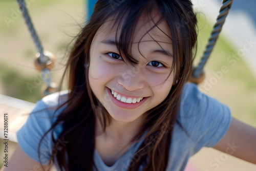 portrait of a smiling asian teenager happy girl on a playground child wearing gray tshirt in summer playful smile closeup shot of a young teen outdoors happiness cheerful photo
