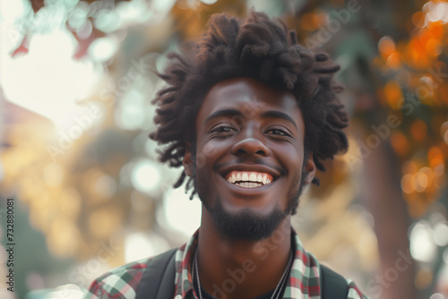 young smiling black man in his twenties dreadlocks plaid shirt happy summer playful smile laugh closeup shot of a young afro amercian outdoors happiness cheerful photo