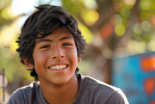 portrait of a smiling hispanic teenager happy boy child wearing gray tshirt in summer playful smile in the street closeup shot of a young latino teen outdoors sunlight happiness cheerful