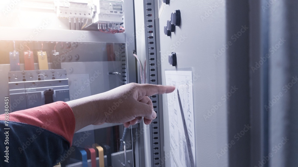 The electrician on hand to switching breaker on off.selective focus on finger switch. The electrician on hand to switching breaker on off.selective focus on finger switch.