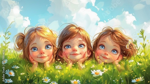 Cute happy cartoon of three little girls playin in a meadow on bright sunny day. photo