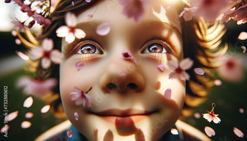 桜の花びらが散る様子を見つめる子供 photo