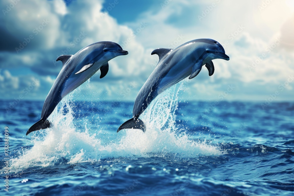 Two dolphins leaping from the ocean Two dolphins leaping from the ocean