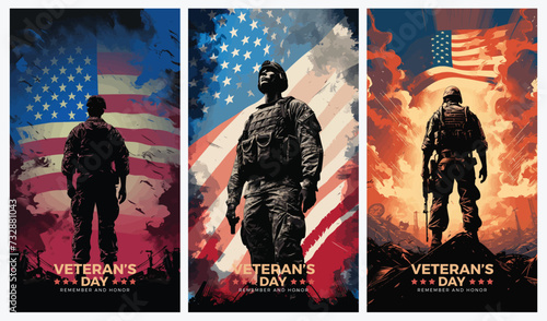 Veterans day illustrations background design with american flag and silhouette of soldier 