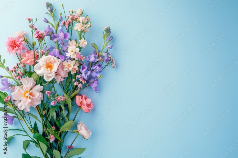 Assorted flower bouquet on blue background