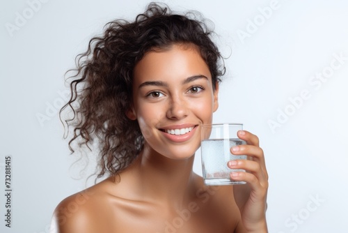 Radiant young woman holding a glass of water, with a genuine smile