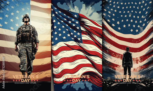 Veterans day illustrations background design with american flag and silhouette of soldier	
 photo