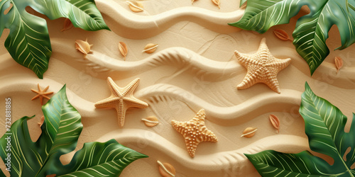 Top view starfish and tropical leaves on the sand beach background, Summer holiday vacation concept