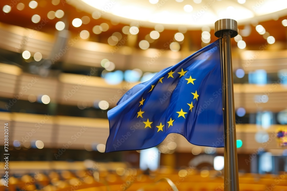 EU flag in front of empty European Parliament hall - obrazy, fototapety, plakaty 