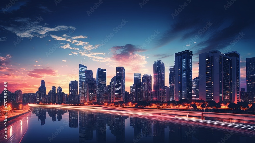 Bright glowing lights of district in megapolis under dusk sky in evening on blurred background - obrazy, fototapety, plakaty 
