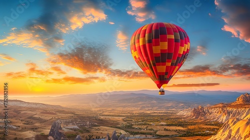 Bright Red, Orange, Yellow Hot Air Balloon Floating in the Sky at Sunrise