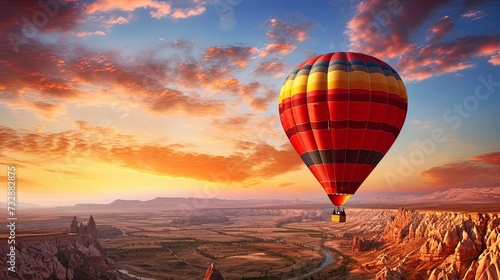 Bright Red, Orange, Yellow Hot Air Balloon Floating in the Sky at Sunrise © chanidapa