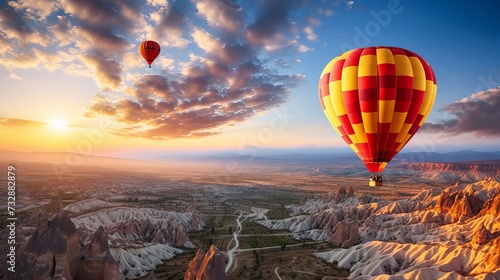Bright Red, Orange, Yellow Hot Air Balloon Floating in the Sky at Sunrise