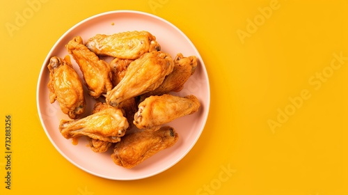 Deep Fried Chicken Wings On Plate Isolated On Yellow Background Top View