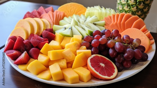 Fresh fruit party on white plate. Beautifully cut apples  oranges  pineapples and guavas