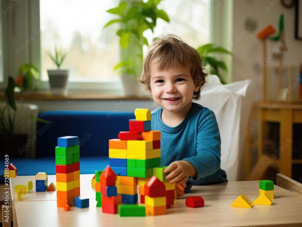 Happy child playing with bright blocks on table.