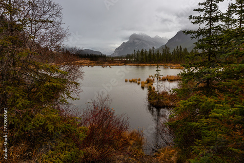Vermilion Lake under rain, the Banff National Park. Beautiful autumn landscape