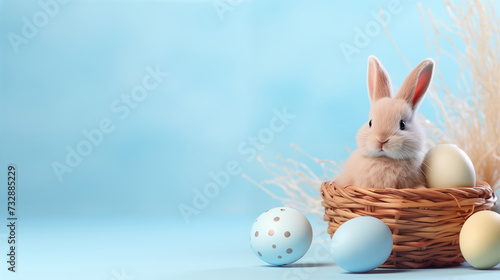 Cute bunny rabbit and eggs in the basket on blue background with text space. Happy easter concept.