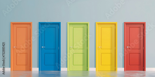 Row of five colorful doors in orange, blue, green, yellow, and red against a blue wall. Choice concept photo