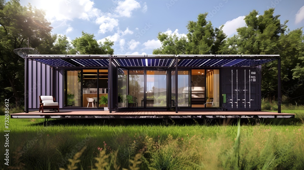 Sunny Wanderlust: Portable Container Home with Solar Power and Inviting Porch