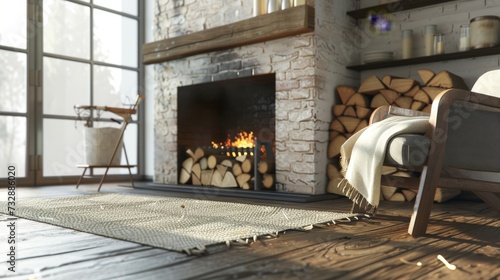 Cozy Corner Fireplace with Comfortable Armchair AI Generated.